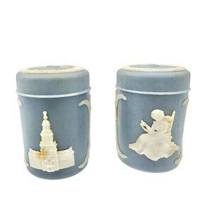 Vtg Blue Jasperware Salt and Pepper Shakers With White Relief Design Americana